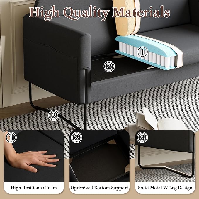 STHOUYN Small Black Love Seat Couches with USB Port &amp Side Pocket Small Loveseat for Small Spaces Mini Sofa for Bedroom 2 Seater Office Couch (Black)