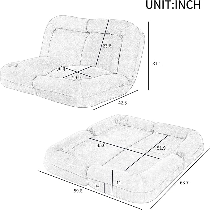 Convertible Fold-Out Lazy Sofa Bed - Adjustable Human Dog Bed for Adults Plush Upholstered Adjustable Sofa Couch with 18-Position Backrest 2-Person Floor Sofa Bed Space Saving Design (Double)
