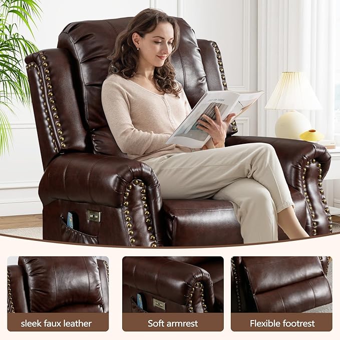ANJ Large Power Recliner Chair with Heat and Massage Faux Leather Electric Overstuffed Wide Recliners for Living Room Classic Single Seat Sofa with Brass Rivets USB Port (Brown)