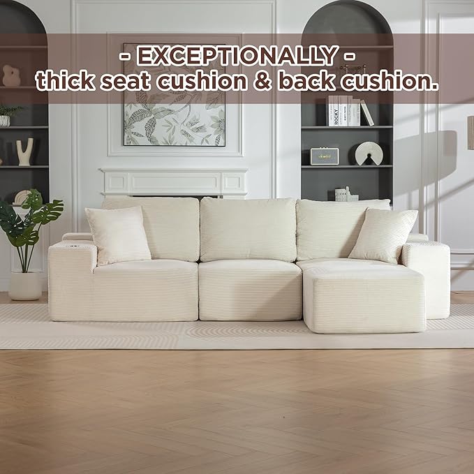 110Modular Sectional Sofa CouchesConvertible L-Shape Cloud Couch 3 Seat Oversize Chaise with OttomanCompressed FoamComfy BonelessSide PocketsCup Holders for Living RoomApartmentCorduroy Beige