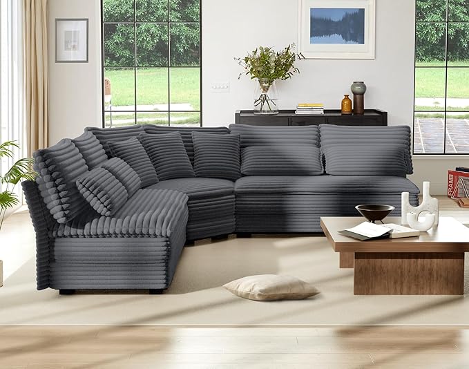 5-Seater Sectional Couch 102 L-Shaped Corner Sofa Oversized Corduroy Cloud Couch with 2-Layer Cushions for Living Room Aparment (Darkgray)