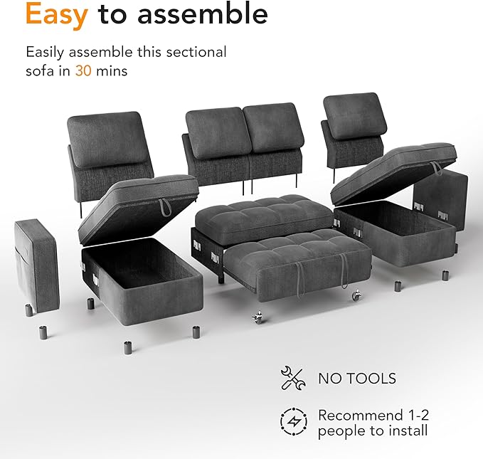 Vipbear 105 Chenille Sectional Sleeper Sofa Bed with Pull Out Bed U Shaped Couch Sleeper Sofa Bed Pull Out Couch with Reclining Backrest Double Storage Chaise USB Ports Tool-Free Assembly Grey