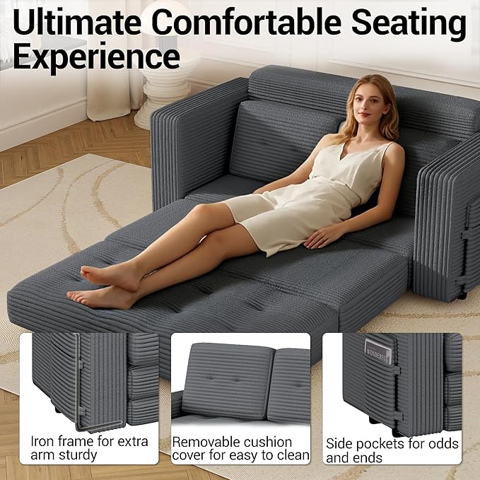 Convertible Boneless Sofa Bed 2 in 1 Pull Out Loveseat Sleeper Sofabed Folding Couch Bed with Pillows for Living Room Bedroom Small Space Grey