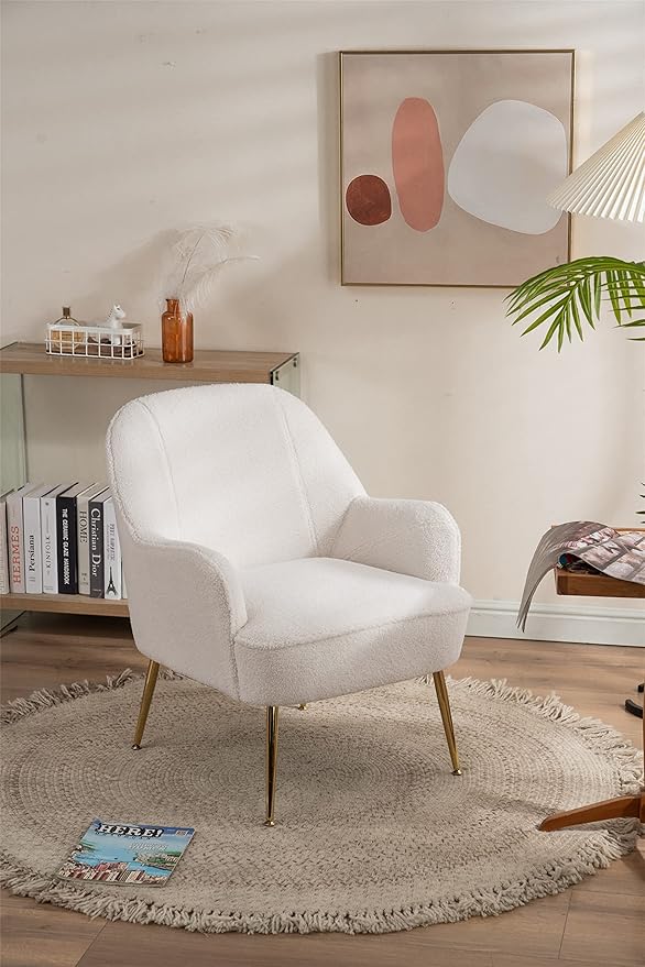 Modern Soft Green Teddy Fabric White Ergonomics Accent Chair Living Room Chair Bedroom Chair Home Chair with Gold Legs and Adjustable Legs Family Room Sofa Armchair Furniture for Indoor Home (White)