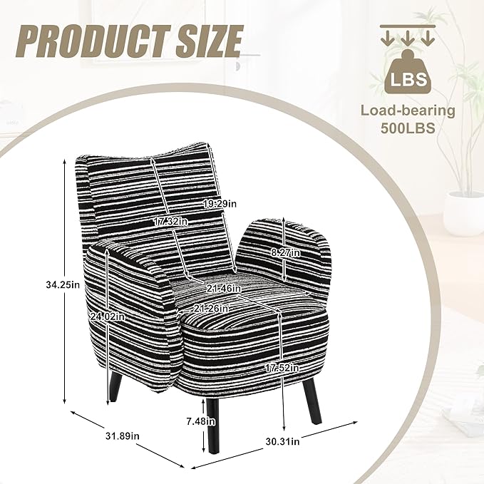 Modern Upholstered Armchair with Side Storage Pocket Fabric Reading Chair with Solid Wood Legs Ergonomic Accent Chair for Living Room Bedroom &amp Office (Black)
