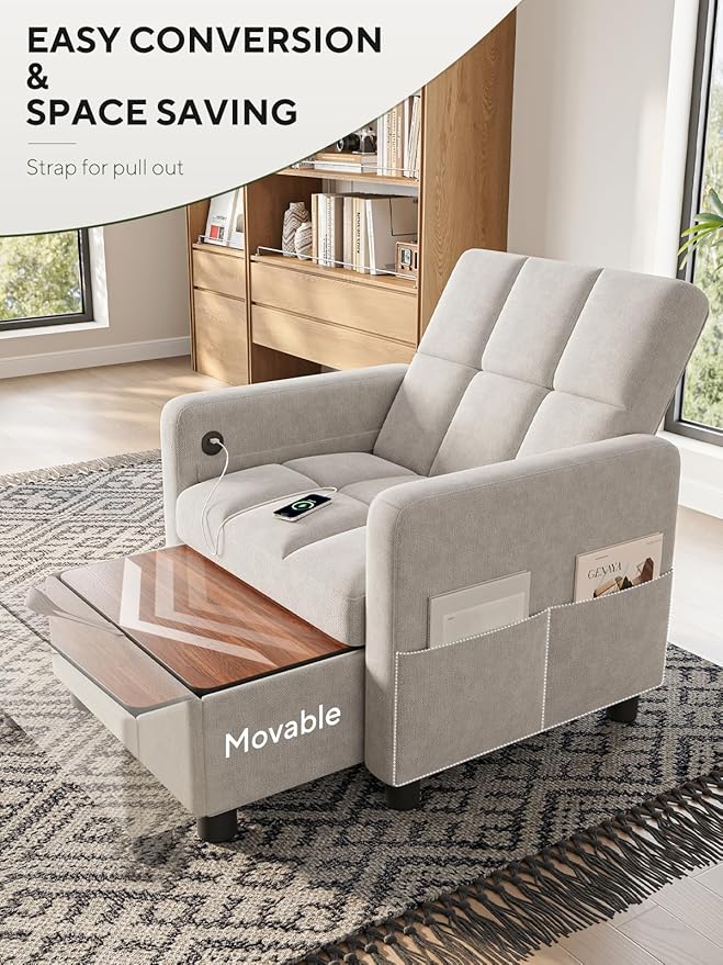 Convertible Sleeper Chair 3 in 1 Pull Out Sofa Bed | Single Sofa Bed with Storage Ottoman and Adjustable Backrest | Reading Chair with Foldable Table &amp USB Port White
