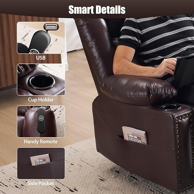 Power Lift Recliner Chair for Elderly Oversized Leather Lift Chair with Heat and Massage Dual Motor Zero Gravity Power Recliner Chair with Adjustable Headrest Cup Holder &amp USB Port