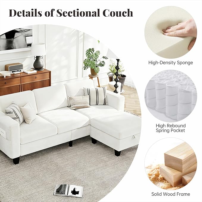 Sectional Sofa Couches for Living Room - 3-Seat White L-Shaped Modern Sofa Couch with Reversible Storage Ottoman &amp Storage Pockets for Living Room Apartment Studio or Small Space | small couch