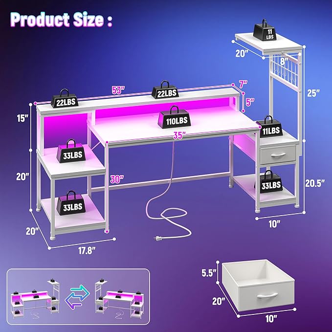 63 Gaming Desk with LED Lights &amp OutletsComputer Desk with Drawers &amp Monitor StandGaming Table with Storage Shelves &amp Printer Space for Game RoomStudy RoomHome OfficeBedroomWhite