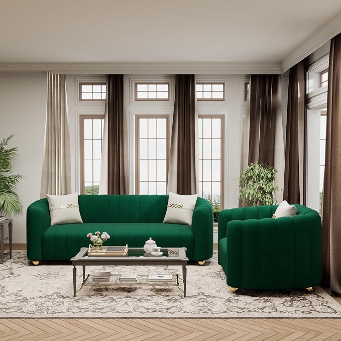 42 Velvet Sofa Chair for Living Room Modern Single Sofa with Gold Metal Sphere Legs (Green-1 Seater)