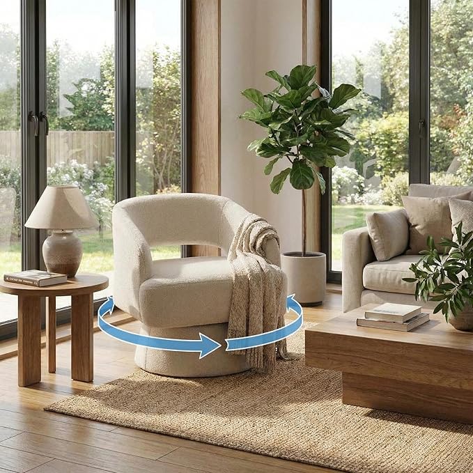 Swivel Barrel Chair - Velvet Upholstered Modern Armchair with Striped Backrest &amp Plush Padding Round Lounge Chair for Living Room Bedroom (Camel-Openwork-(1 Pcs))