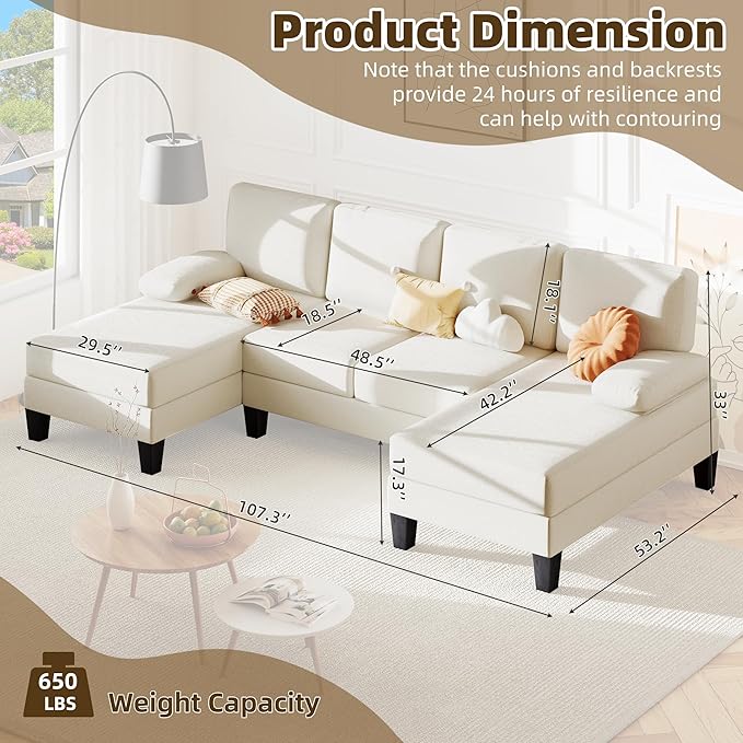 Bezseller 107.3 Sectional Couches for Living Room U Shaped Modular Sofa Couch with Cushion &amp Chenille Fabric 4-Seat Comfy Furniture Sets with Double Chaise for Apartment Reception Room Beige