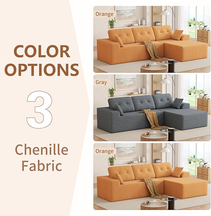 Ball &amp Cast 106 Cloud Modular Sectional Sofa Boneless Chenille Couch with Deep Seat Comfy L-Shaped Sectional Modern Upholstered Sofa for Living Room No Assembly (Orange Right Facing Chaise)