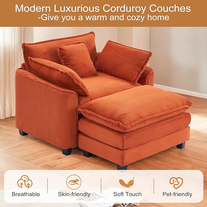 Furniliving Oversized Accent Chair with Ottoman Luxury Corduroy Single Sofa Upholstered Deep Seat Chaise Lounge with Pillows for Living Room Bedroom Apartment Orange