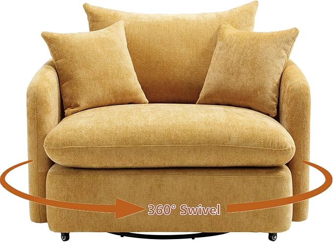 360 Degree Swivel Accent Chair Oversized 37.8 inch Extra Wide Barrel Swivel Chairs with Deep Seat for Living Room Club Reading Bedrooms Yellow