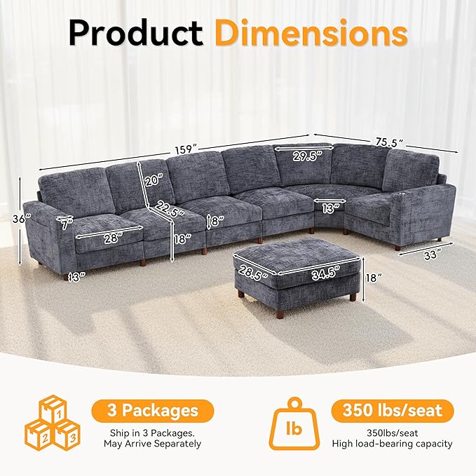 159 Inch Oversized Modular Sectional Sofa with Curved Corner Convertible U/L-Shaped Cloud Couch with Moveable SeatStorage OttomanCupholders Living Room Chenille Fabric Sofa | Breathable material