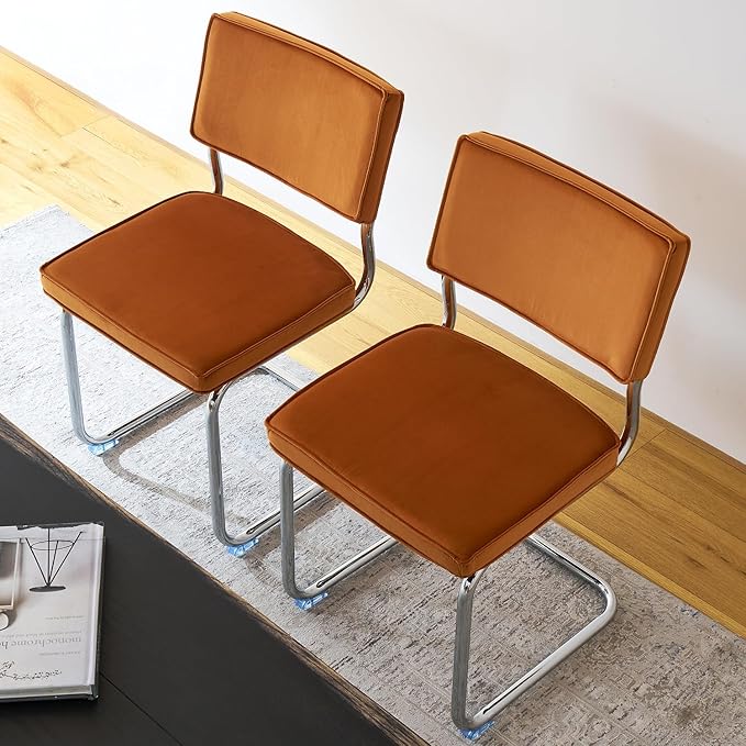 Orange Velvet Dining ChairsMid Century Morden Dining Chairs Minimalistic Style Kitchen &amp Dining Room Chairs Upholstered Comfort Chairs with Chrome Metal Legs Set of 2