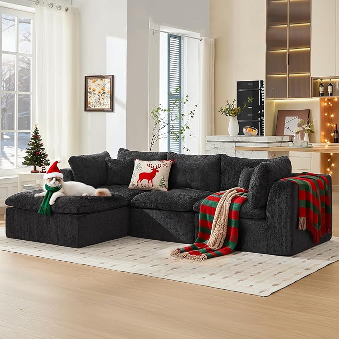 STHOUYN 114” Modern Black Boneless Sectional Couches for Living Room Black Modular L Shape Cloud Sofa Couch with Ottoman Comfy Big Oversized Corner Couch in a Box(Black 3 Seater + 1 Ottoman)