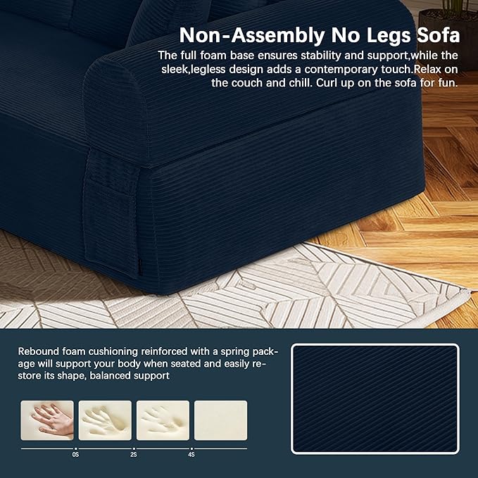 83 Modern Sofa in a Box No Assembly Oversized 3 Seater 28 Deep Seat Cloud Sofa Bed Couch with 4 Furry Pillows &amp Corduroy Fabric Boneless Couch with Side Storage Pockets for Living Room Navy B