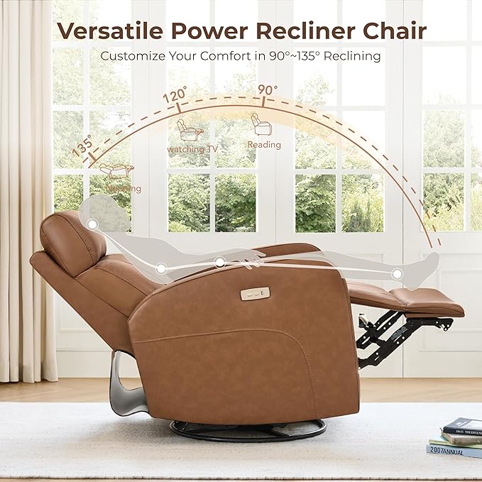 CHITA Genuine Leather Power Recliner Chair for Adults FSC Certified Electric Nursery Swivel Glider for Living Room Camel Brown