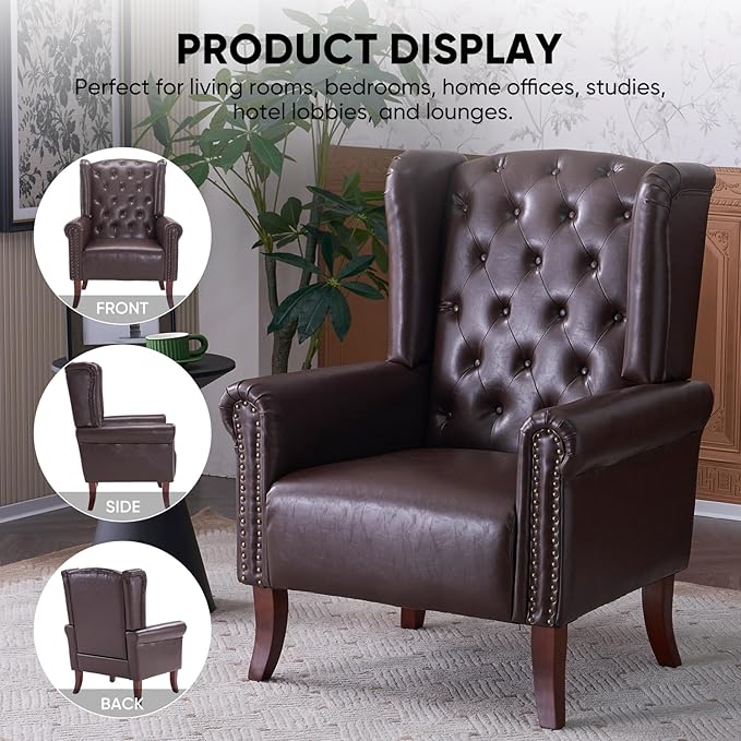MOJAY PU Leather Accent Chair Mid-Century Living Room Sofa Chair Upholstered Arm Chair with Sturdy Wooden Legs Faux Leather Club Chair for Bedroom Study Home Office Reception (Caramel)