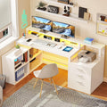 DWVO L Shaped Desk with 3 Drawers 65 Corner Computer Desk with Power Outlets &amp LED Lights L-Shaped Desk with File Cabinet &amp Printer Stand for Home Office White