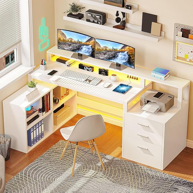 DWVO L Shaped Desk with 3 Drawers 65 Corner Computer Desk with Power Outlets &amp LED Lights L-Shaped Desk with File Cabinet &amp Printer Stand for Home Office White