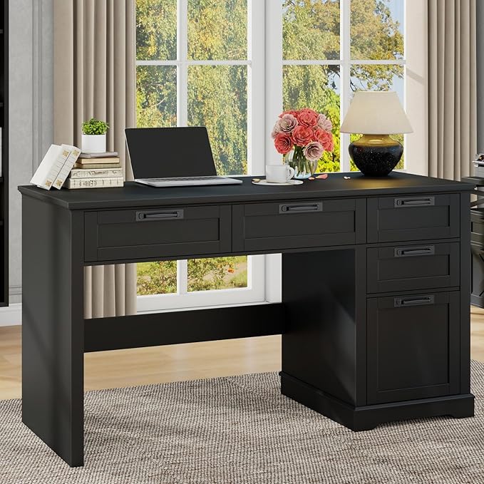 Vabches 55 Farmhouse Home Office Desk with File Drawer Executive Computer Desk with 4 Storage Drawers Rustic Computer Desk for Working Studying Writing Black