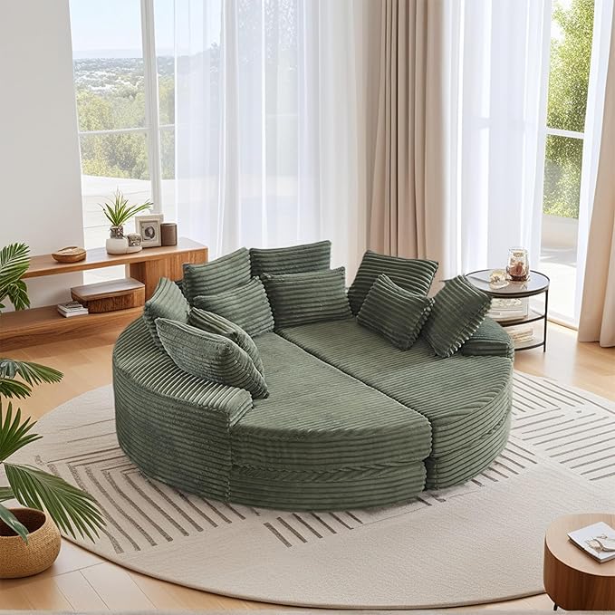 78.5 Corduroy Boneless Round Oversized Sofa Converts into Two Recliners 2-in-1 Sofa Bed Convertible Lounge Chair Neck Pillow Design with Five Throw Pillows (Green Full Circular Sofa)