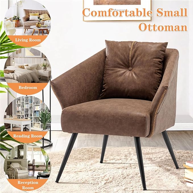 Alunaune Upholstered Brown Accent Chairs Set of 2 Modern Faux Leather Living Room Chairs Arm Chair Tub Bucket Club Chair Mid Century Large Lounge Chair Single Sofa for Bedroom