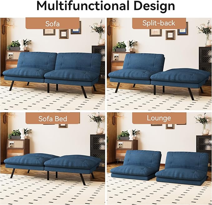Futon Sofa Bed Convertible Couch Blue Linen Sofa Bed with Adjustable Backrest Multifunctional Small Loveseat Sleeper Sofa for Living Room Apartment Office
