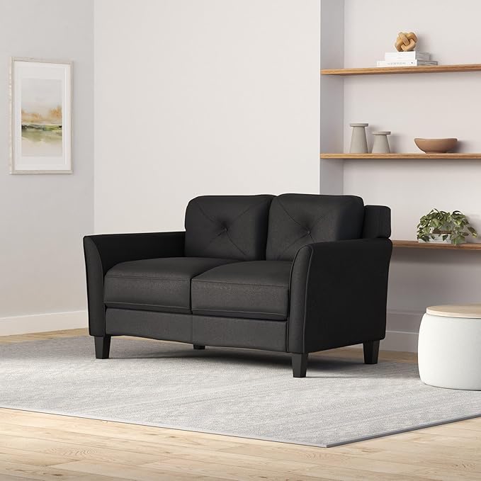 BOWERY HILL Transitional Microfiber Loveseat 56.3 Wide Curved Arms Attached Tufted Cushions Plush Seating Black Finish Solid Wood Frame Compact Living Room or Small Space Furniture