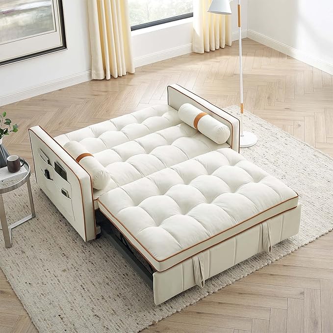 Sleeper Sofa Couch w/Pull Out Bed 55 New Upgraded Tufted Velvet Convertible Sleeper Couch Bed Small Love seat Sofa w/ 2 Pillows for Small Space Living Room Apartment Beige