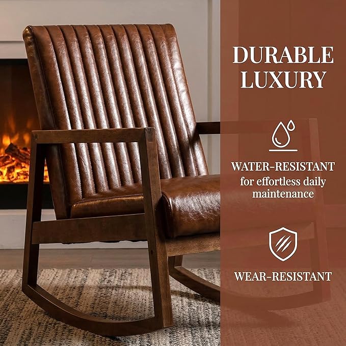 VESCASA Upholstered Rocking Chairs with Channel-Tufted Back Mid-Century Modern Comfy Oil Wax PU Leather Rockers with Black Walnut Wood Frame for Nursery Living Bedroom Indoor Set of 2 Brown