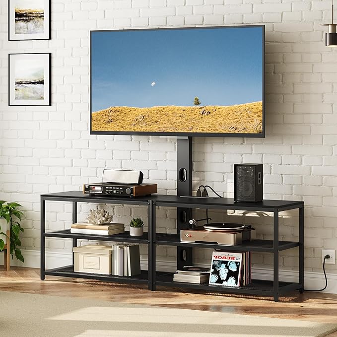 59 TV Stand with Mount and 4 Power Outlets Entertainment Center Media Console Swivel TV Stand Mount up to 75 inch TVs Height Adjustable Metal Frame for Living Room Bedroom TVBK35E01