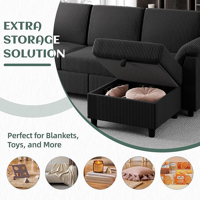 Vongrasig 79 Convertible Sectional Couch Sofa with Storage Ottoman 3 Seat L Shaped Couch with Side Storage Pockage Small Couches for Living Room Apartment and Small Space Black