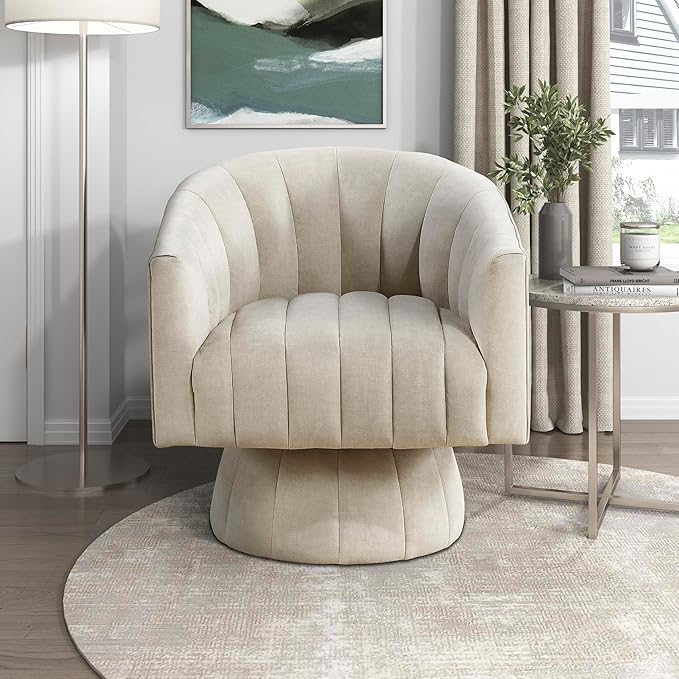 Lexicon Modern Swivel Accent Chair Velvet Fabric Upholstered Swivel Lounge Chair with Rounded Base and Channel Stitching for Living Room/Bedroom/Office Easy Assembly Taupe