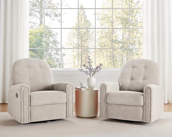VANOMi 360 Swivel Rocker Recliner Chair Nursery Rocking Chair with Tufted Backrest Manual Recliner Chairs for Small Spaces Upholstered Glider Nursing Chair for Living Room Bedroom (Camel)