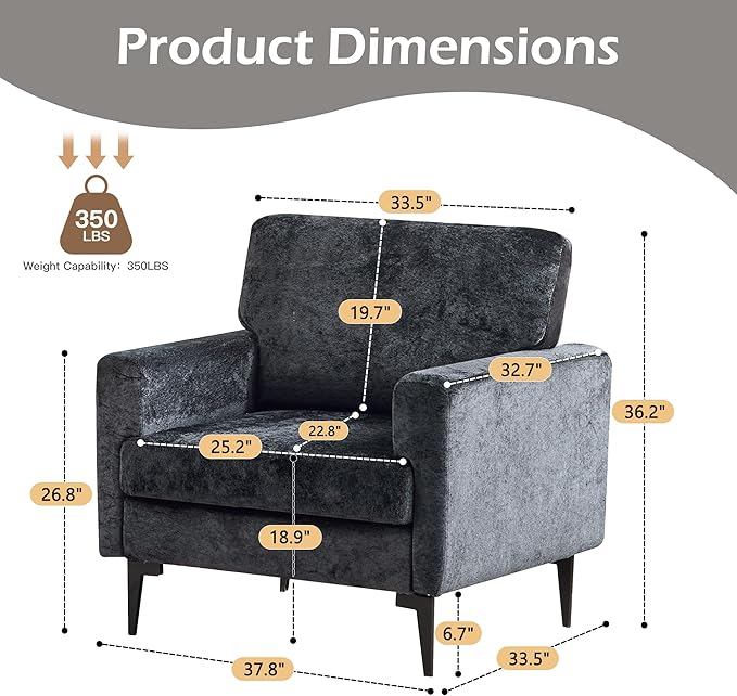 MELLCOM Oversized Chenille Accent Chair Set of 2 Comfy Armchair for Living Room Mid-Century Upholstered Reading Single Sofa Chair for Bedroom Grey