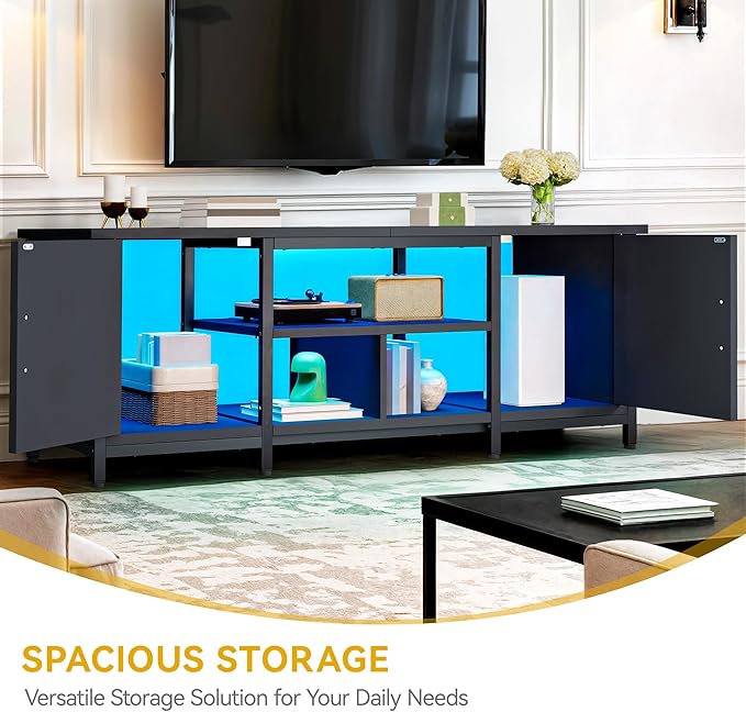 DWVO Farmhouse TV Stand with Power Outlet &amp LED Lights TV Consoles for TVs up to 70'' Entertainment Center with Storage Cabinets for Living Room Black