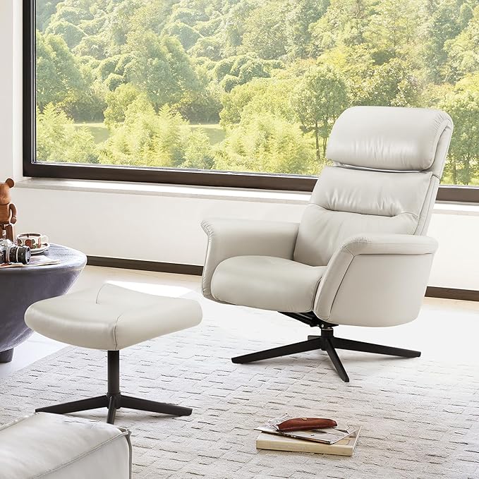 CHITA Genuine Leather Self-Weight Reclining Swivel Chair with Adjustable Headrest and Ottoman for Living Room Office Light Grey