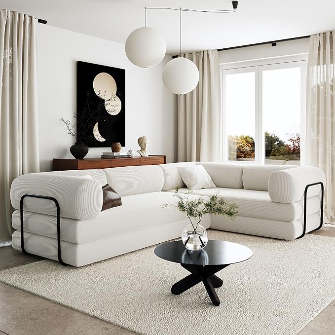 115''W Modular Sofa Bed in Corduroy Fabric L Shaped Sectional Couches Modern Upholstered Couches with Iron Frame Support 4 Independent Mattresses 3 Wedge Cushions and 1 Flat Cushion (Beige/22)