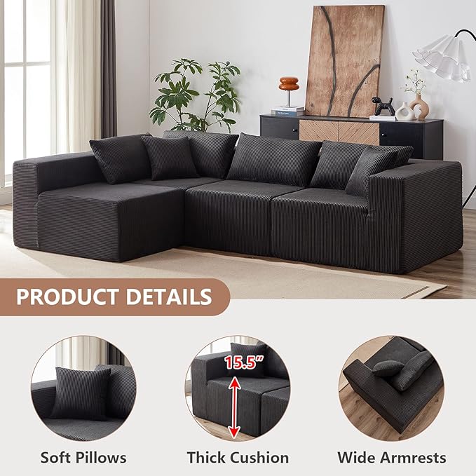 104” Modular Sectional Sofa Cloud Sectional Couch with Deep Seat Modern Modular L-Shape Sofa Couch with Chaise Upholstered Couches Sleeper Sofa Bed for Living Room Bedroom (Corduroy Black)