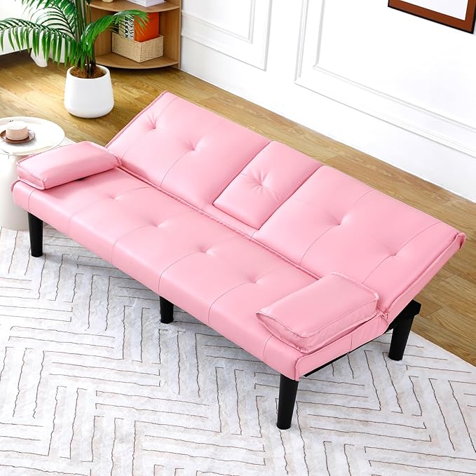 Futon Sofa Bed PU Leather Modern Convertible Futon Couch with Removable Armrests Cup Holders Loveseat Sleeper Sofa Bed for Living Room Apartment Small Spaces (Pink)