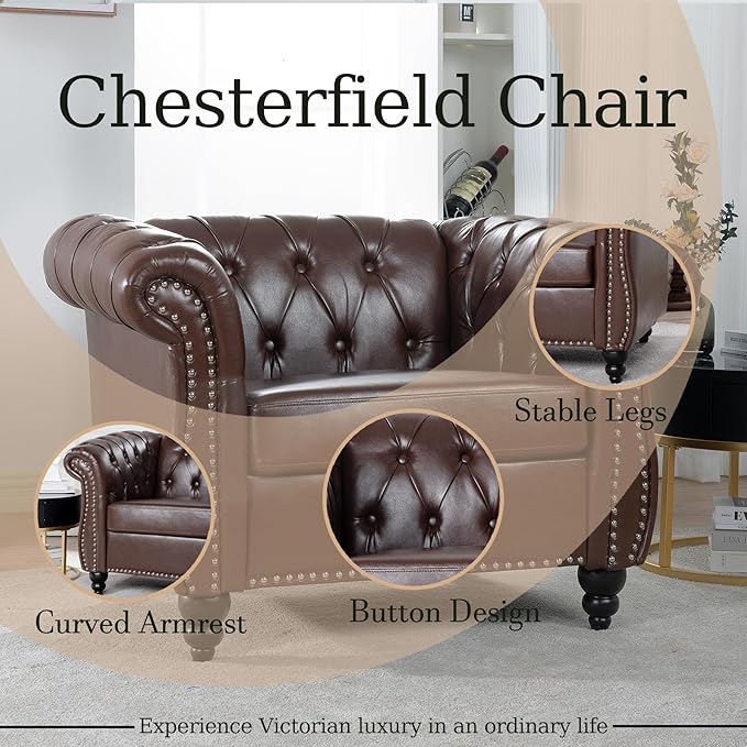 Oversized Chesterfield Chair PU Leather Accent Chair with Tufted Back Club Chair for Living Room Bedroom Gothic Victorian (Brown)