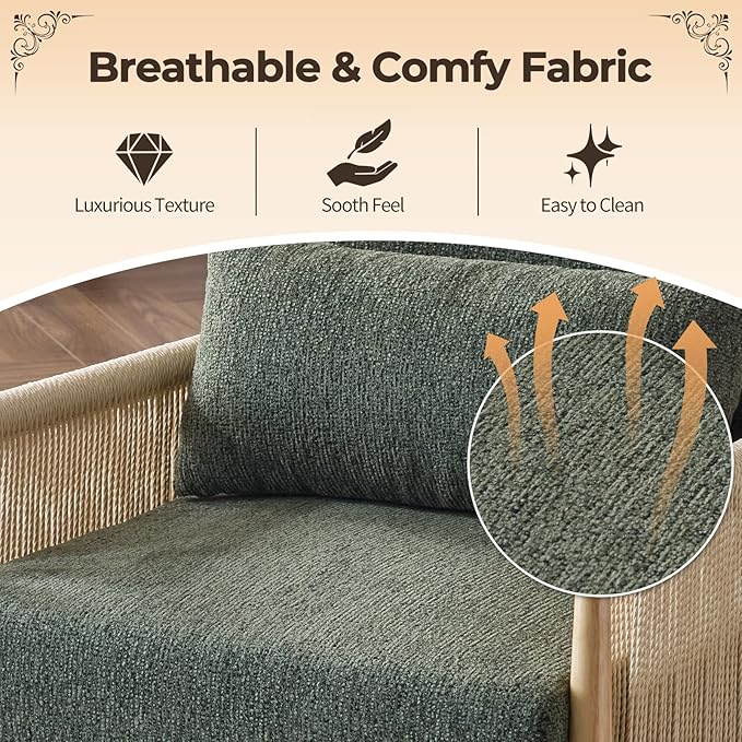 Karl home Cozy Chenille Accent Chair with Lumbar Pillow &amp Rattan Arms Modern Lounge Chair for Living Room Bedroom Reading Nook Green