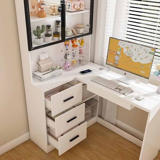 L Shaped Desk with HutchComputer Desk with Glass Cabinets &amp Built-in Led LightsOffice Desk with USB Charging Ports Keyboard Tray Ergonomic Design for Home and Corporate Workspaces