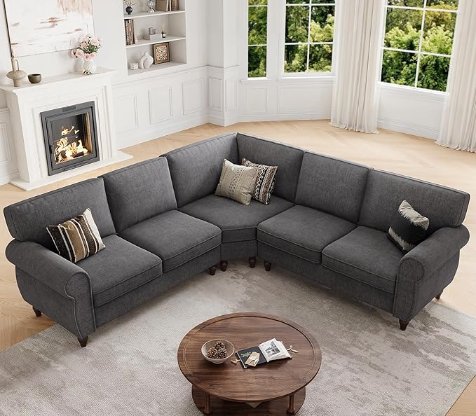 ONBRILL 101 L Shaped Couch Sectional Corner Sofa with Rolled Arms 5 Seater Chenille Fabric Couch w/Springs Seat Cushion Wooden Legs Comfy Oversized Sofa for Living Room Apartment Grey