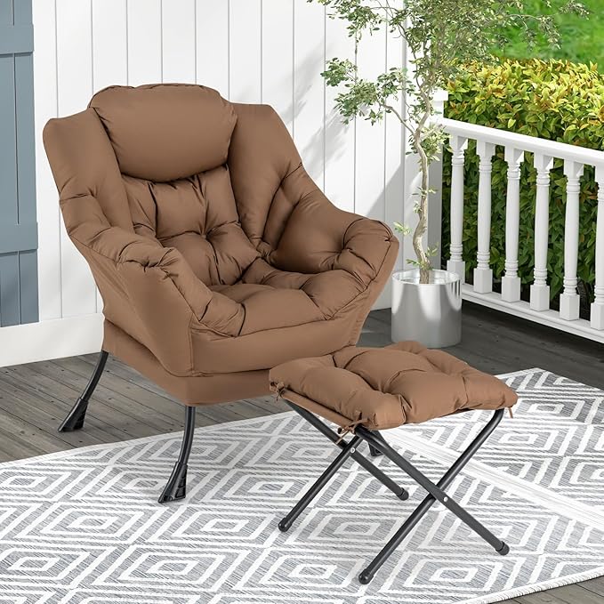 GORELAX Lazy Chair with Ottoman Modern Accent Chair w/Armrests &amp Side Pocket Upholstered Lounge Sofa Chair &amp Folding Footstool Set Reading Chair for Bedroom Living Room Dorm Room (Brown)