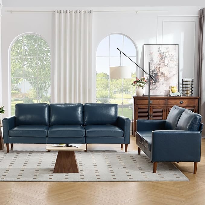 Kingfun Faux Leather Sofa with Loveseat 2 &amp 3 Seater Couch Mid Century Modern Couches with Solid Wood Legs for Living Room &amp Bedroom Navy Blue